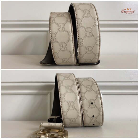 Authentic Gucci Cream Guccissima Leather Gold Interlocking G Buckle Belt 80/32 - Picture 8 of 13